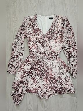 Express Wrap Front Printed Long Sleeve Romper in Pink & Brown